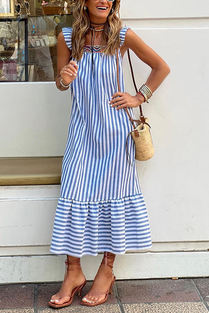 Blue Striped Fly Sleeve Square Neck Loose Resort Dress