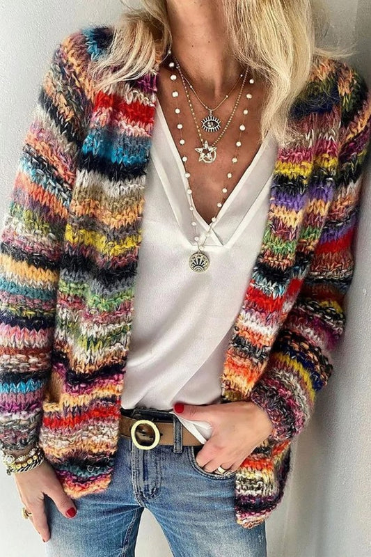 Cardigan casual a maniche lunghe con stampa a righe 