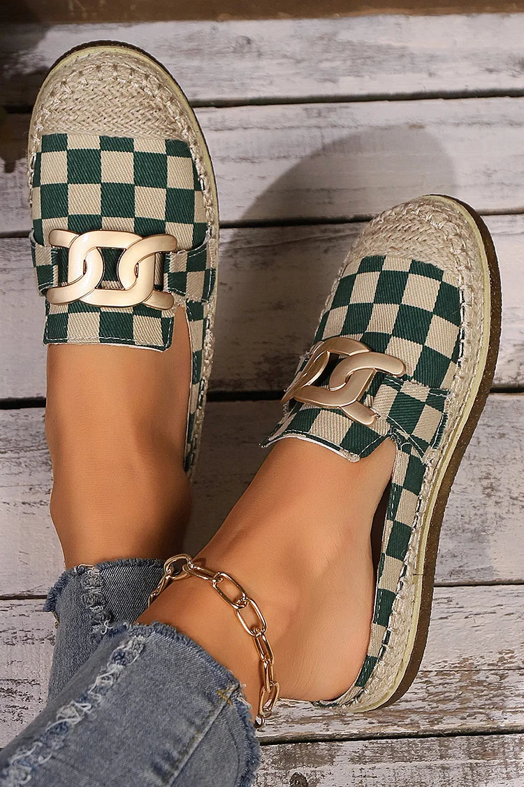 Plaid Metallic Chain Decor Patchwork Round Toe Mules