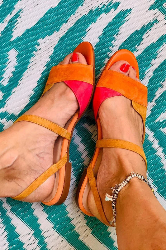 Colorblock Irregular Patchwork Round Toe Orange Sandals [Pre Order]