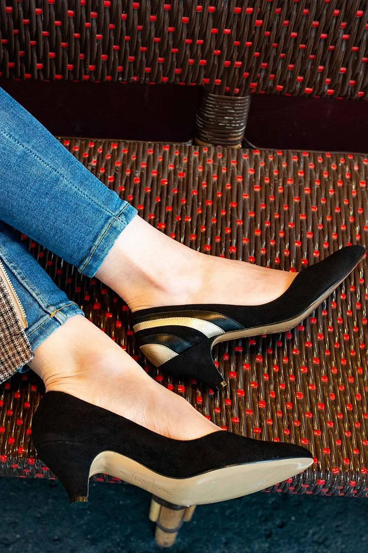 Patchwork Pointed Toe Elegant Black Low Heels [Pre Order]