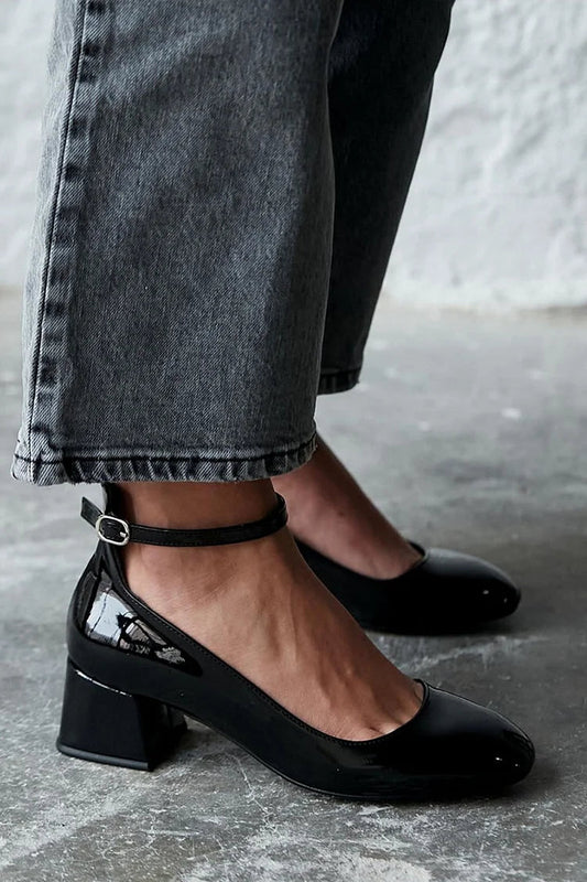 Ankle Strap Buckle Plain Round Toe Black Chunky Heels