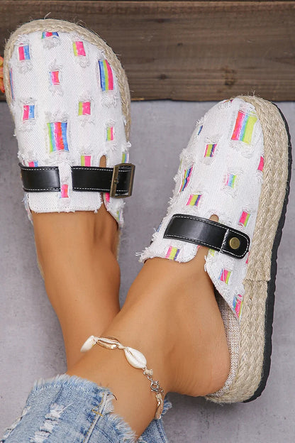 Colourful Striped Print Frayed Belt Buckle Platform Espadrille Slippers