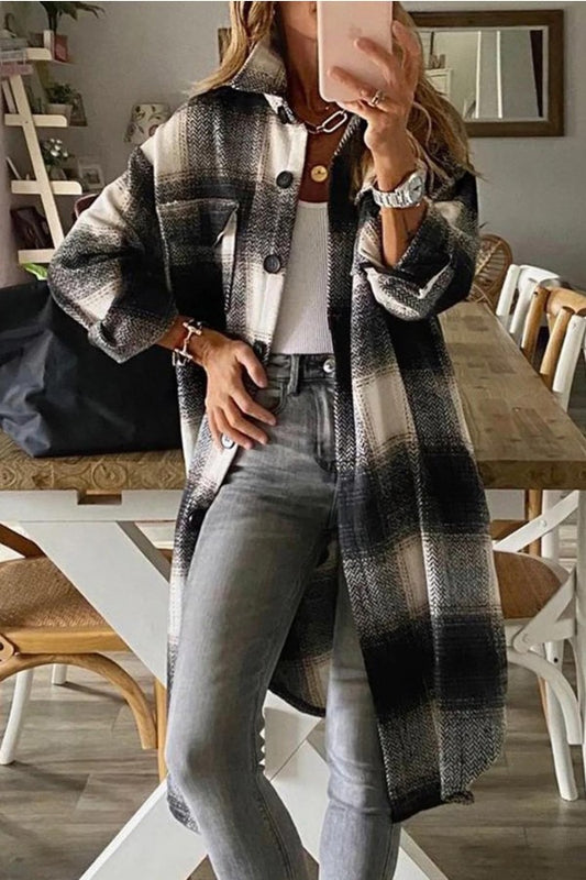 Plaid Lapel Long Sleeves Buttons Long Shirts Jacket