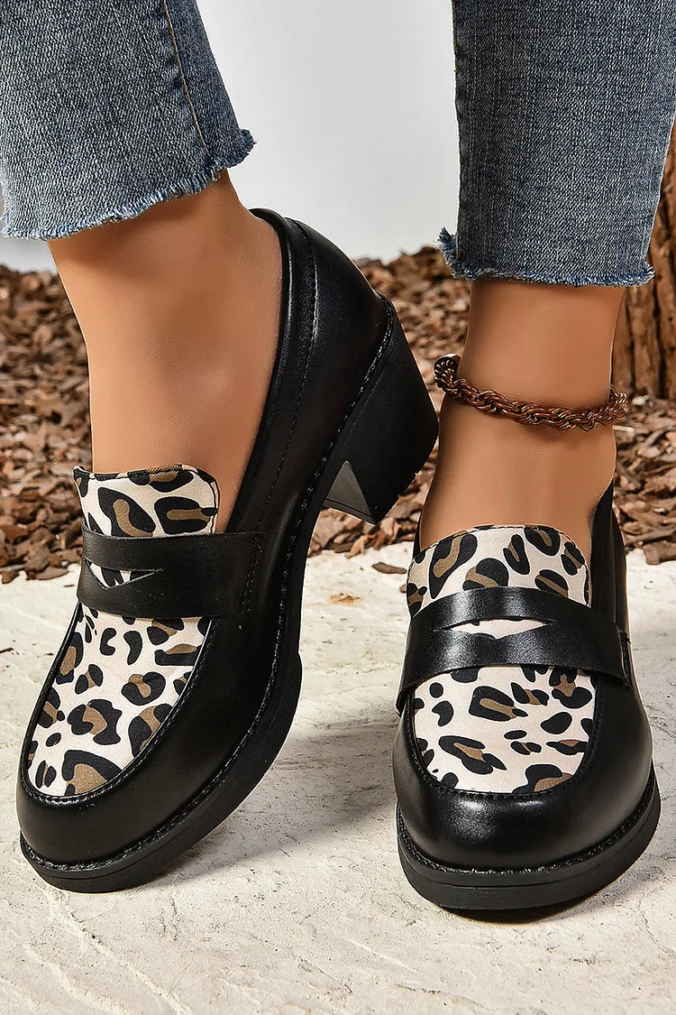 Leopard Print Patchwork Round Toe Slip On Chunky Heels