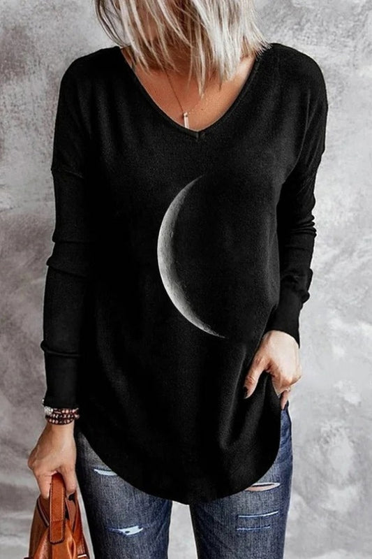 Moon Print V-neck Casual Long Sleeves Sweatshirt