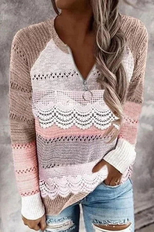 Color Block Crew Neck Zipper Lace Long Sleeves Sweater