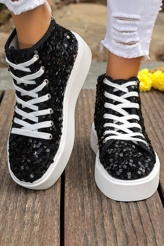 Scarpe casual alla moda con punta rotonda e lacci con paillettes glitterate 