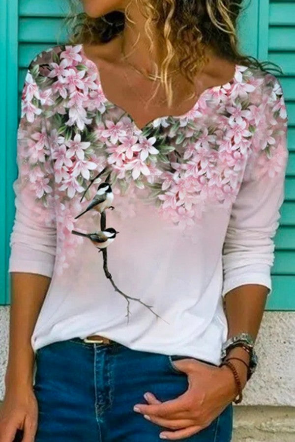 Floral Print V-neck Long Sleeves Sweatshirt