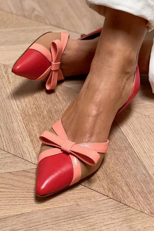 Colorblock Bow Decor Pointed Toe Red Kitten Heels [Pre Order]