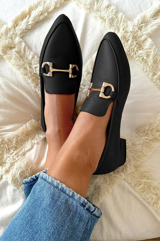 Metallic Buckle Decor Pointed Toe Casual Black Loafers [Pre Order]