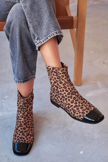 Patchwork Leopard Print Square Toe Brown Ankle Boots [Pre Order]