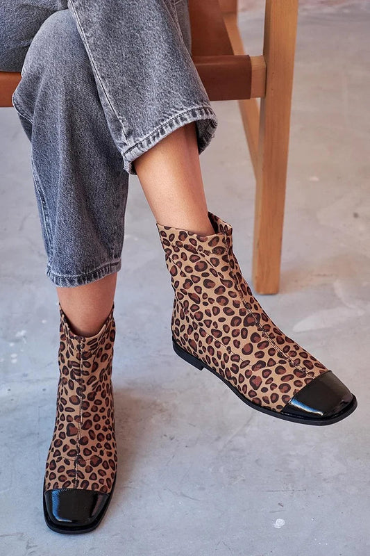 Patchwork Leopard Print Square Toe Brown Ankle Boots [Pre Order]