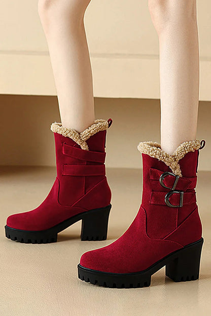 Two Straps Buckles Patchwork Round Toe Chunky Heel Mid Boots