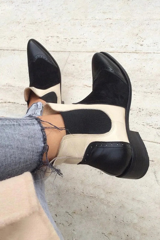 Colorblock Pointed Toe Chunky Heel Black Ankle Boots [Pre Order]