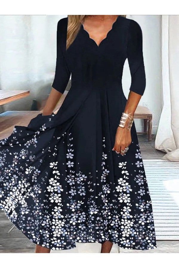 Casual Elegant Floral V Neck Daily Loose 3/4 Sleeve Lightweight Maxi Dress