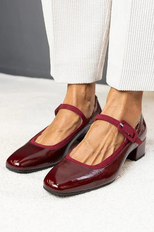 Instep Strap Buckle Square Toe Burgundy Chunky Heels [Pre Order]