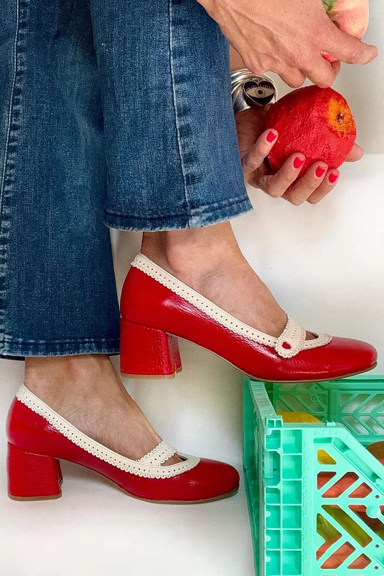 Hollow Out Colorblock Round Toe Red Chunky Heels [Pre Order]