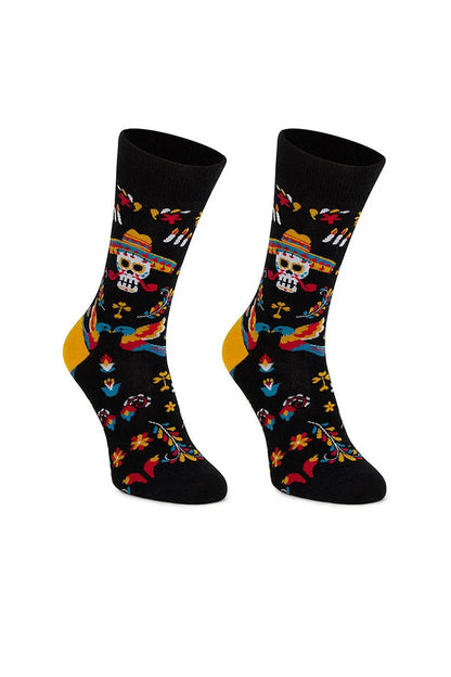 Halloween Multicolor Skeleton Skull Floral Pattern Mid Calf Socks