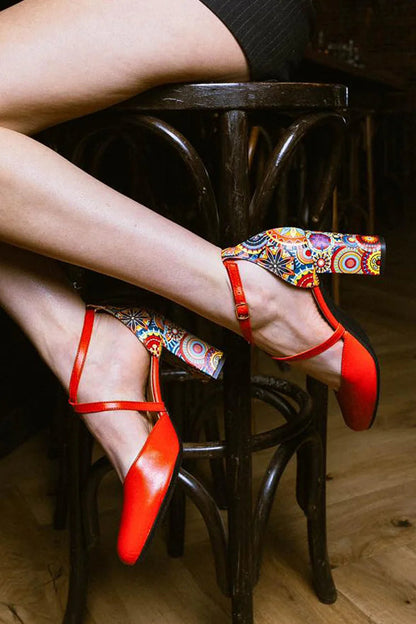 Multicolor Pattern Print Pointed Toe Red Chunky Heels [Pre Order]