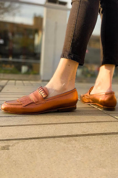 Fringed Trim Patchwork Solid Color Brown Loafers [Pre Order]