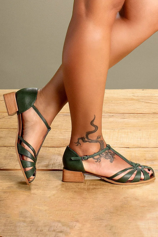 T-Strap Buckle Hollow Out Dark Green Low Heels [Pre Order]