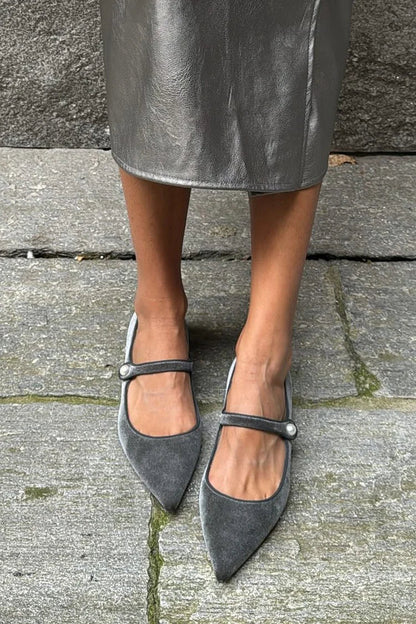 Velvet Instep Strap Buckle Pointed Toe Gray Flats