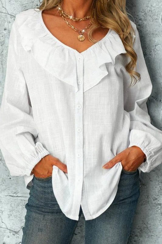 Solid Color Ruffles Buttons Long Sleeves Blouse