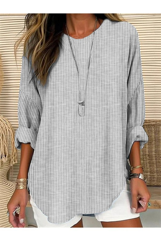 Blusa ampia a righe con scollo a giro e maniche lunghe 