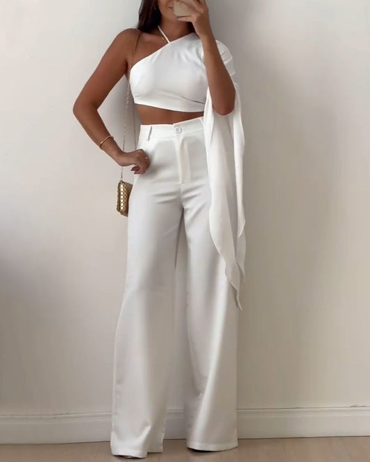 Chic one-shoulder bell-sleeved backless two-piece set