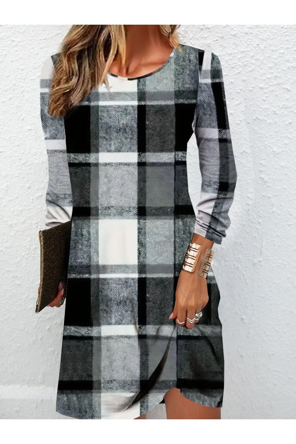 Plaid Crew Neck Long Sleeve Comfy Casual Mini Dress