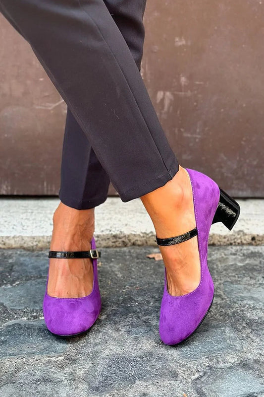 Contrast Color Instep Strap Buckle Purple Chunky Heels [Pre Order]