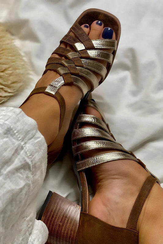 Asymmetric Woven Strap Hollow Out Sandals Chunky Heels