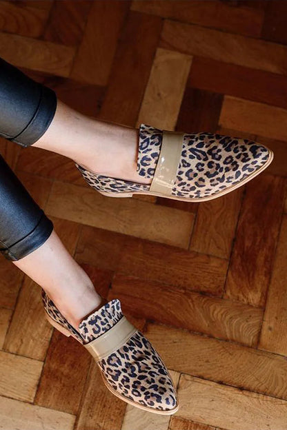 Patchwork Leopard Print Pointed Toe Khaki Loafers [Pre Order]