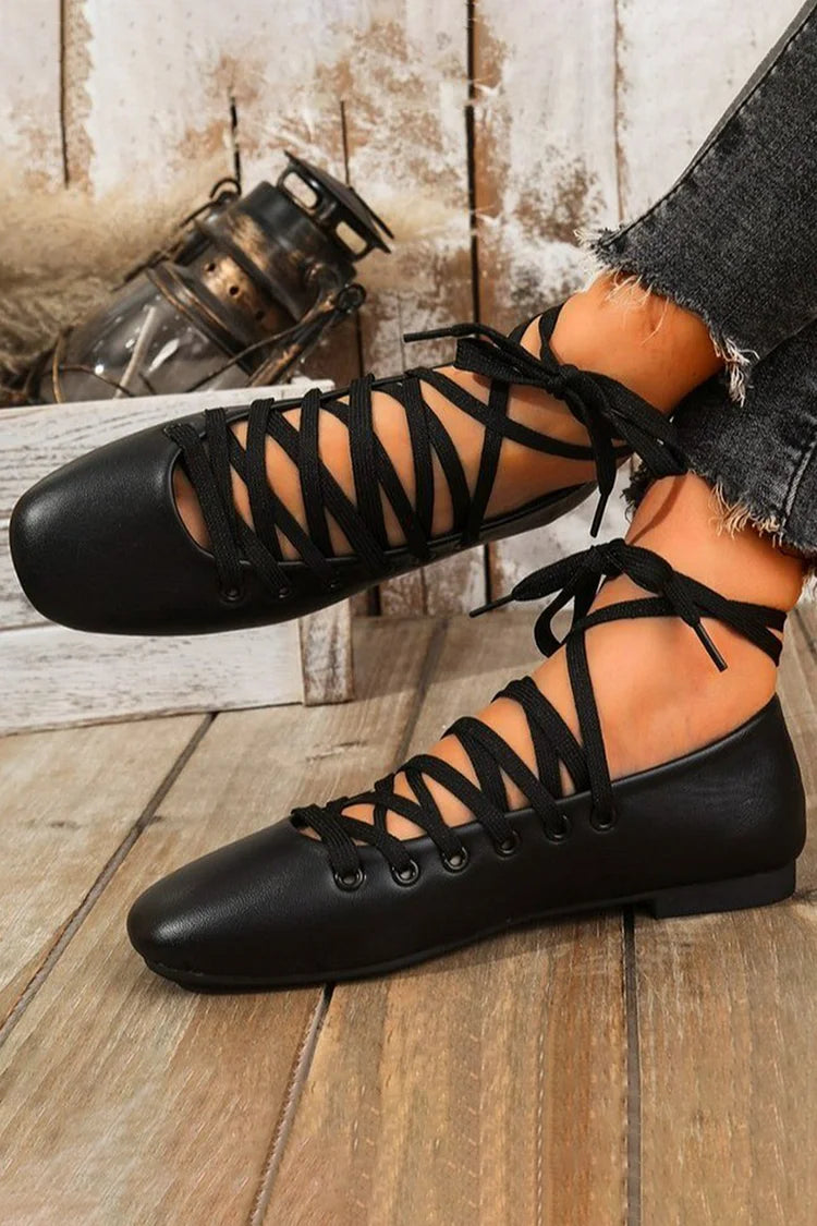 Crossover Lace Up Solid Color Square Toe Elegant Flats