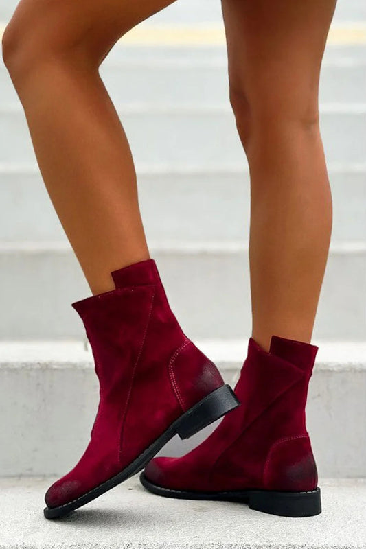 Round Toe Zipper Patchwork Burgundy Mid Boots [Pre Order]