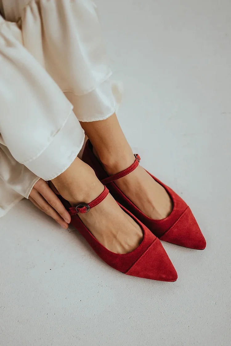 Patchwork Instep Strap Buckle Pointed Toe Red Flats [Pre Order]