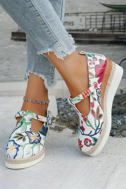 Floral Print Round Toe T-Strap Buckle Wedge Heel Sandals