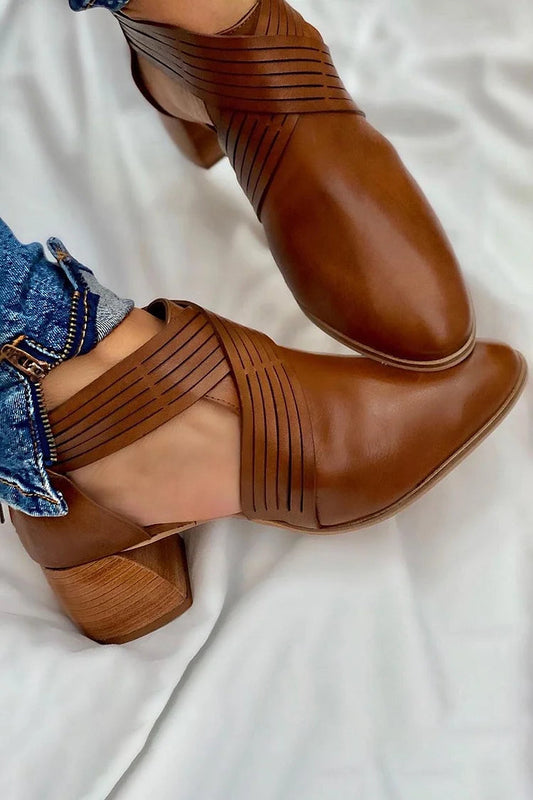 Crossover Strap Solid Color Chunky Heel Brown Ankle Boots [Pre Order]