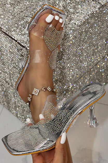 Heart-Shaped Rhinestone Embellished Square Toe Crystal Heels