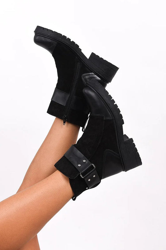 Patchwork Zipper Round Toe Chunky Heel Black Ankle Boots [Pre Order]