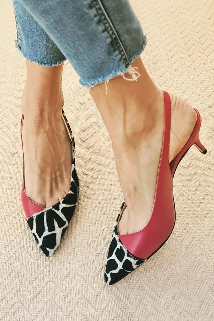 Cow Print Patchwork Pointed Toe Slingback Red Low Heels [Pre Order]