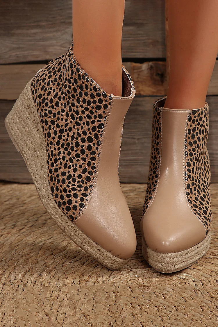 Leopard Print Patchwork Quilted Pointy Toe Wedge Espadrille Ankle Boots