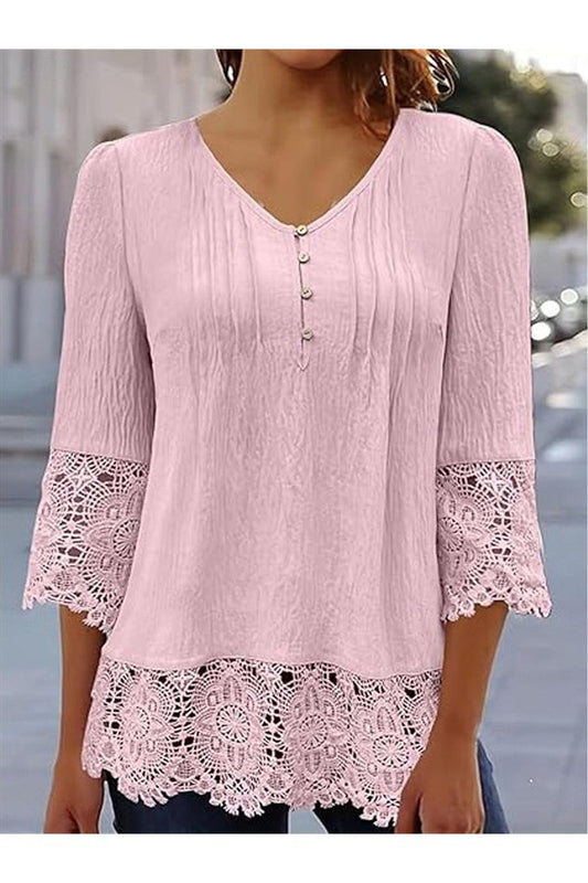 V-neck Plain Lace 3/4 Sleeve Loose Blouse