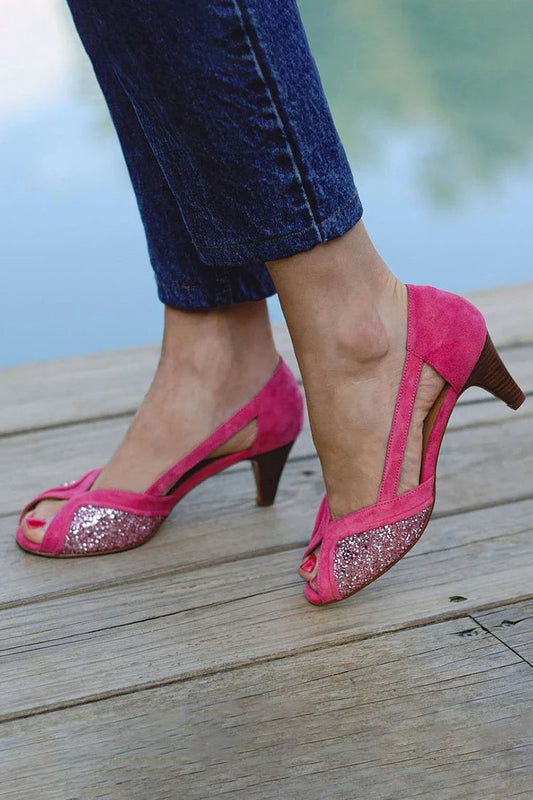 Scarpe col tacco basso fucsia con punta aperta e glitter patchwork [Pre-ordine] 