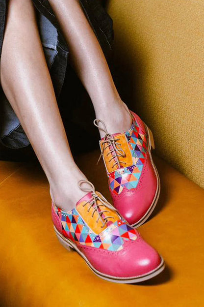 Multicolor Triangle Print Round Toe Lace Up Pink Oxfords [Pre Order]