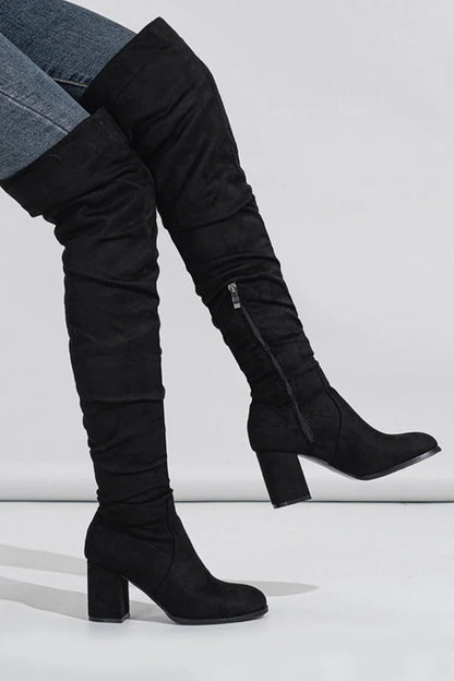 Patchwork Solid Plain Round Toe Chunky Heel Over The Knee Boots