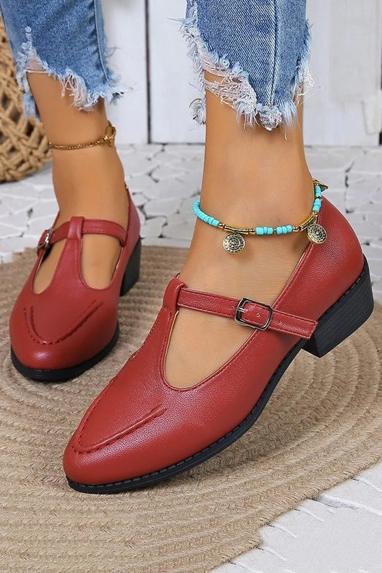 Fashion T-Shape Buckle Round Toe Chunky Mid-Heel Shoes