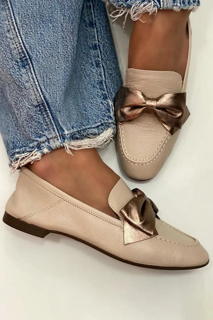 Colorblock Bow Decor Round Toe Khaki Loafers [Pre Order]