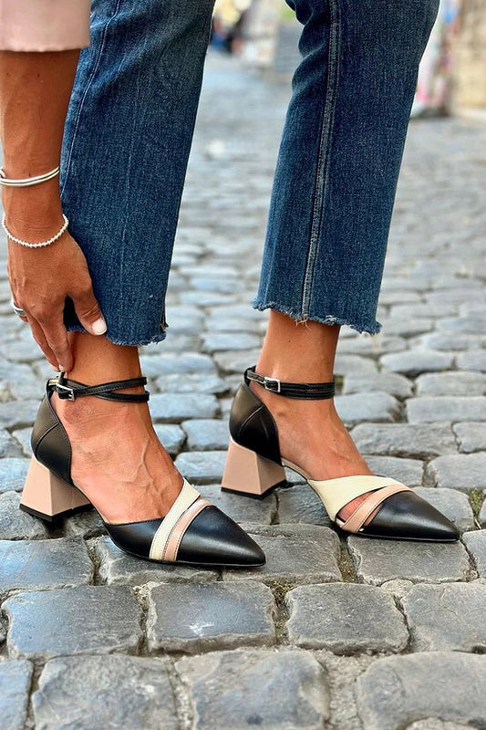 Pointed Toe Colorblock Ankle Strap Buckle Black Chunky Heels